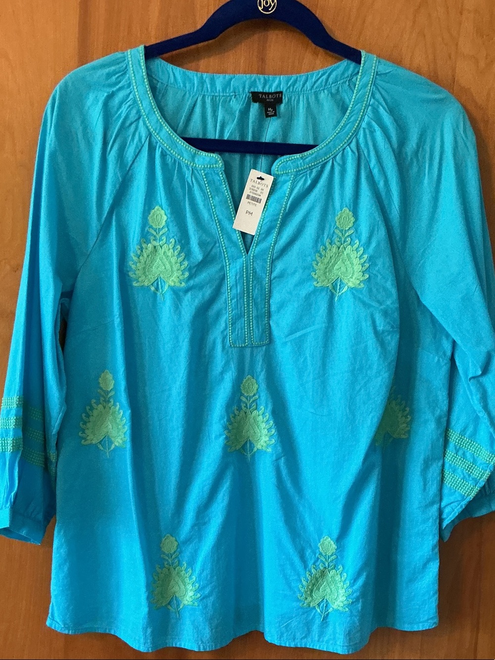 Talbots Turquoise Tunic with Lime Green Embroidery